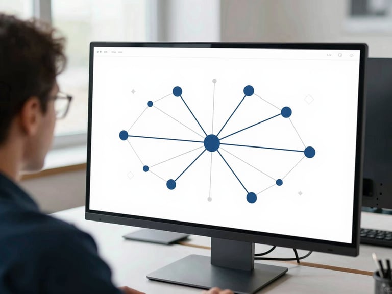 Over-the-shoulder view of a professional analyzing a network connection graph on a large high-resolution monitor, clean architectural studio lines, daylight