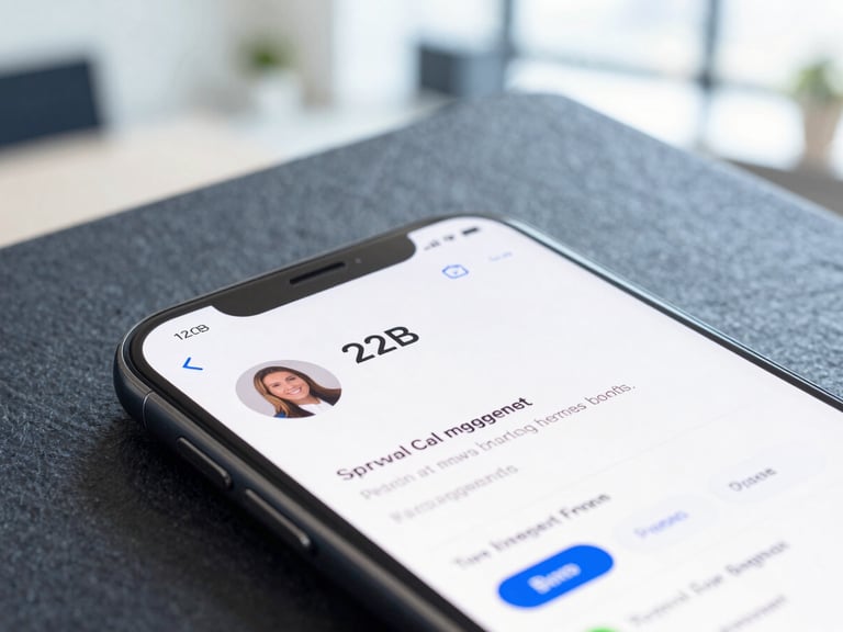 Macro close-up of a premium smartphone displaying a clean B2B social profile with high engagement metrics, bright natural office light, cool slate shadows