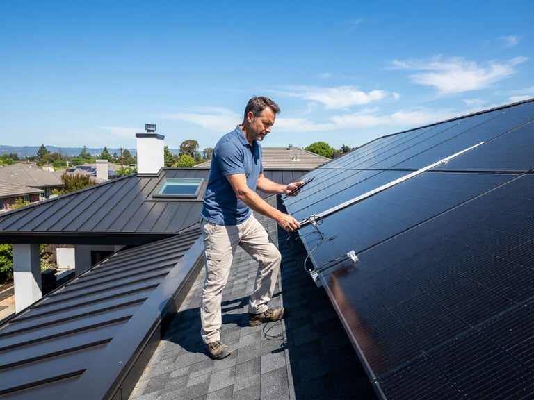 Owner on-site inspecting solar panels on a residential roof, bright direct sunlight, crisp architectural photography, blue sky, high-contrast shadows.