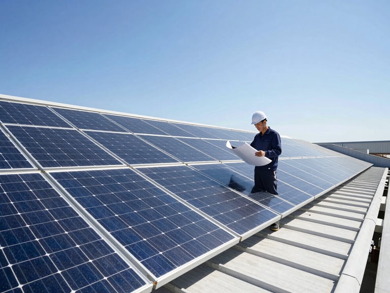 Owner on-site, wearing a hard hat, inspecting solar panels on a roof, with a blueprint or tablet in hand, bright direct sunlight.