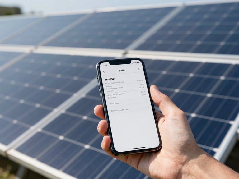 Close-up of a hand holding a smartphone displaying a utility bill, with a solar panel array visible in the blurred background, bright direct sunlight.