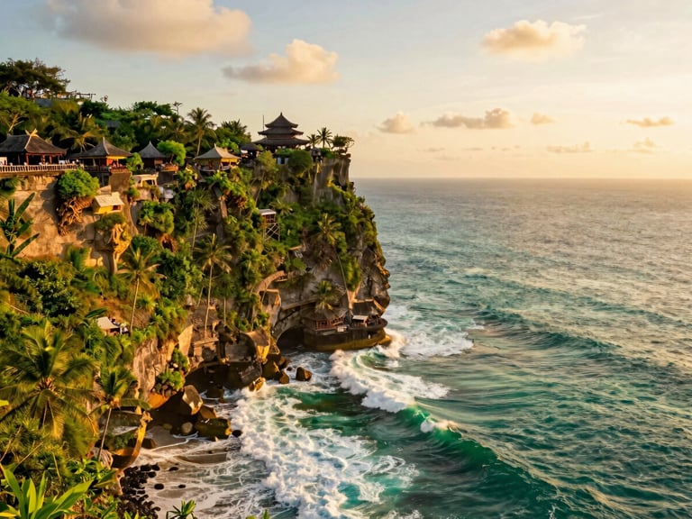 warm editorial photography, tropical golden-hour light, rich emerald and gold tones, wide-angle lens, professional travel style. Wide environmental shot of Uluwatu temple perched on a cliff edge at sunset, warm golden-hour light, deep emerald ocean waves crashing below.