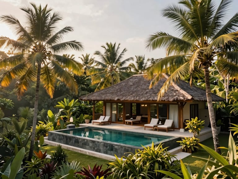 A luxury private pool villa in Ubud, Bali, surrounded by lush tropical palm trees under soft morning sunlight, high-end editorial photography
