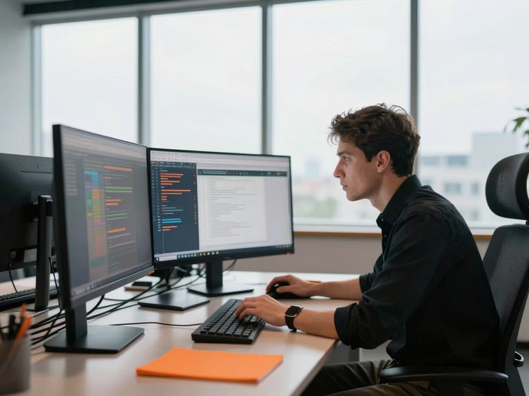 Focused professional analyzing data on multiple monitors in a sleek, high-contrast office, architectural details, bright natural window light, sharp orange accents.