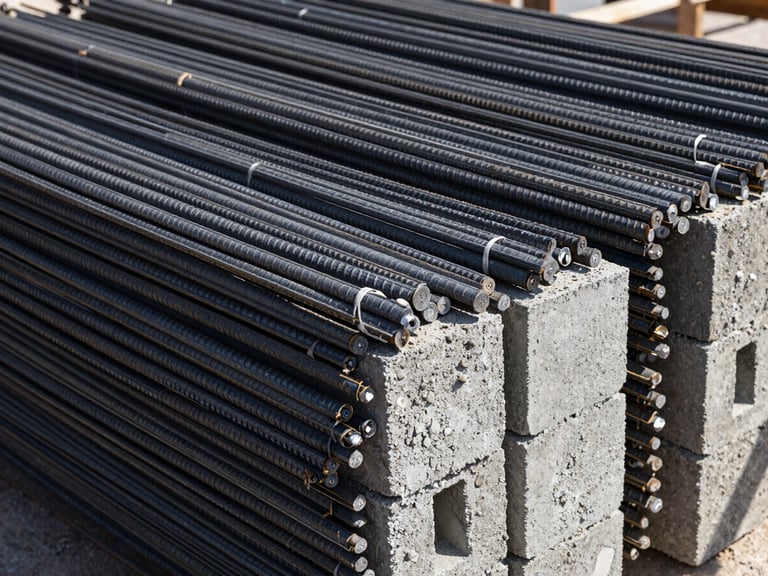 Close-up of a stack of rebar and concrete blocks on a construction site, industrial lighting, deep slate and steel tones, high contrast