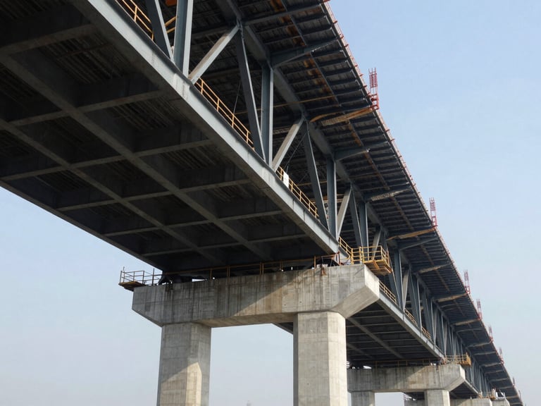 Low-angle view of a large bridge under construction, steel girders and concrete pillars, sharp daylight, wide-angle lens, high contrast