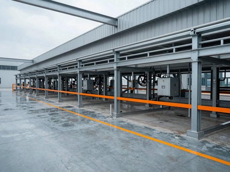 Wide-angle industrial documentary photo of a modern manufacturing facility interior, cool steel tones with sharp orange safety lines, natural daylight, 35mm.