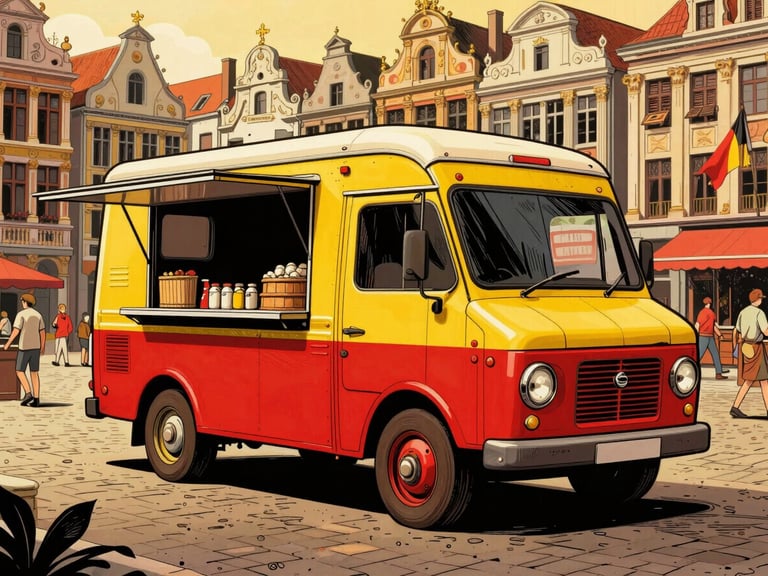 Dynamic Belgian comic book illustration of a vintage yellow and red food truck parked in a lively Brussels town square, retro ink outlines, warm cell shading.