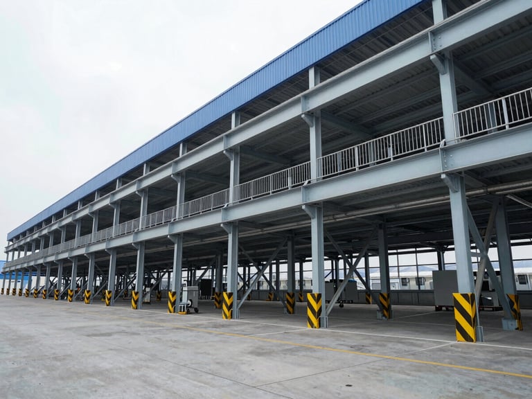 Wide-angle industrial photography of a modern high-tech warehouse interior in Serbia, cool overcast daylight, steel blue and gray tones, sharp focus.
