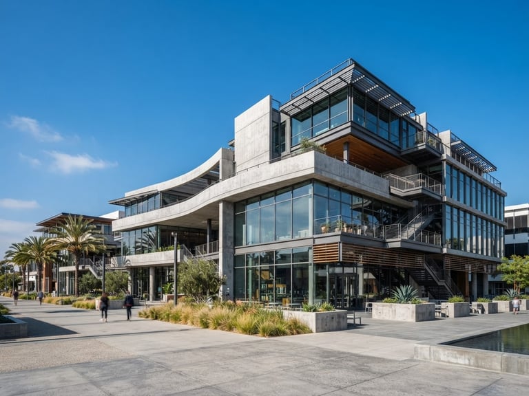 Wide-angle architectural photograph of a modern concrete and steel commercial development under bright California daylight, sharp focus, 35mm lens.