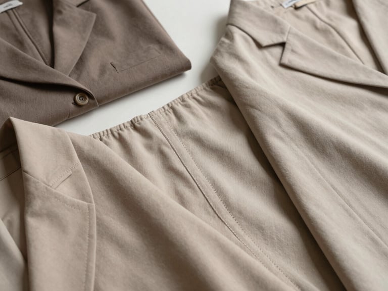 Editorial high-angle flat-lay of curated neutral-toned garments, close-up on precise double-stitching details, soft natural daylight, minimalist styling.