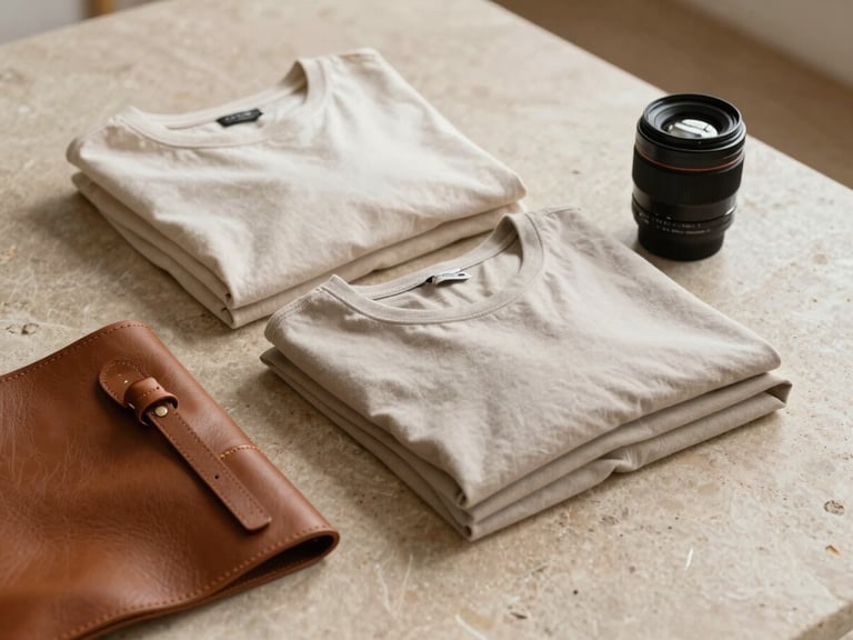 A minimalist flat-lay of folded neutral-toned cotton garments and premium leather accessories on a warm stone surface, soft daylight.
