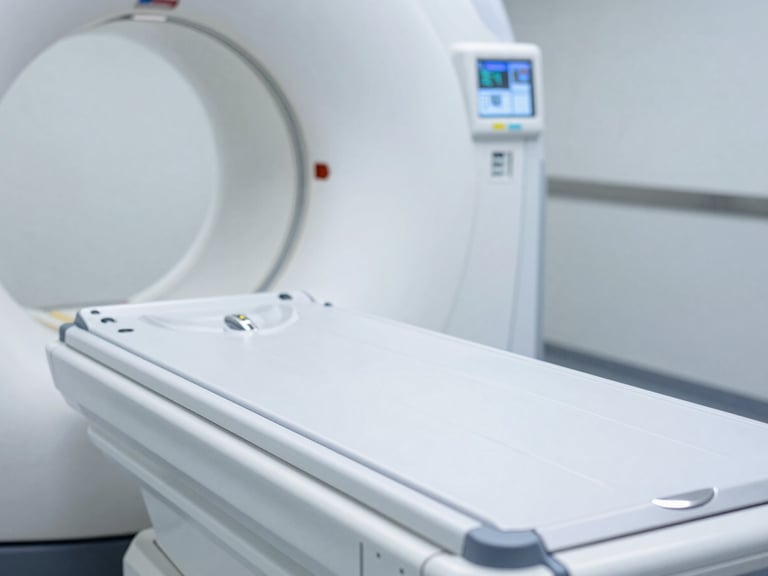 Crisp clinical photography, close-up of a modern CT scanner interface with sharp technical details, cool metallic tones, clean laboratory lighting, 35mm