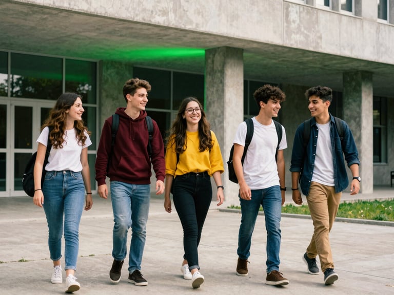 Vibrant editorial photography of Turkish university students laughing and walking together on a modern concrete campus, high contrast, neon green lighting accents, 35mm film aesthetic.