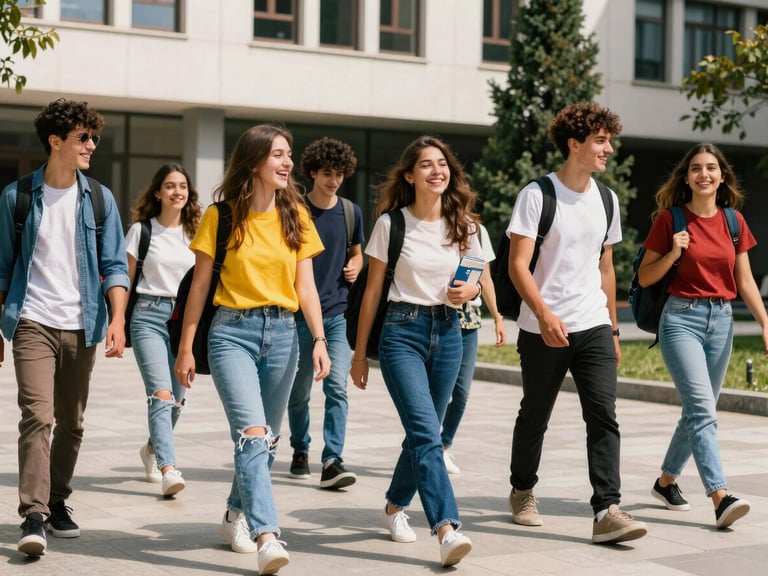 Dynamic low-angle shot of a diverse group of Turkish university students laughing and walking together across a sunny modern campus, vibrant colors, 35mm film aesthetic, high-contrast youthful energy