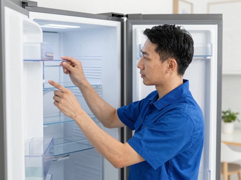 Medium shot of a uniformed technician carefully inspecting the interior of a Bosch refrigerator, clean home environment, sharp focus.