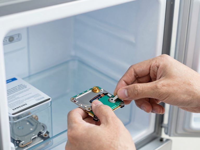 Macro shot of a technician's hands working on the internal components of a Samsung refrigerator, genuine spare part in original packaging visible, sharp focus.