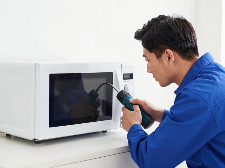 Medium shot of a technician examining the interior of a Samsung microwave oven, utility torchlight, uniform, clean home environment.
