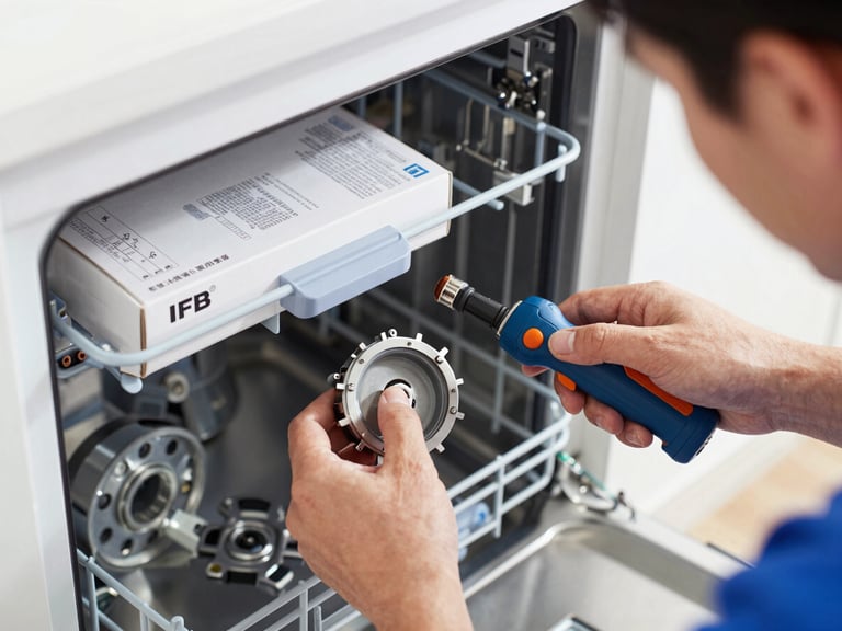 Tight shot of a technician's hands replacing a part in an IFB dishwasher, genuine spare part in original packaging visible, utility torchlight, crisp detail.