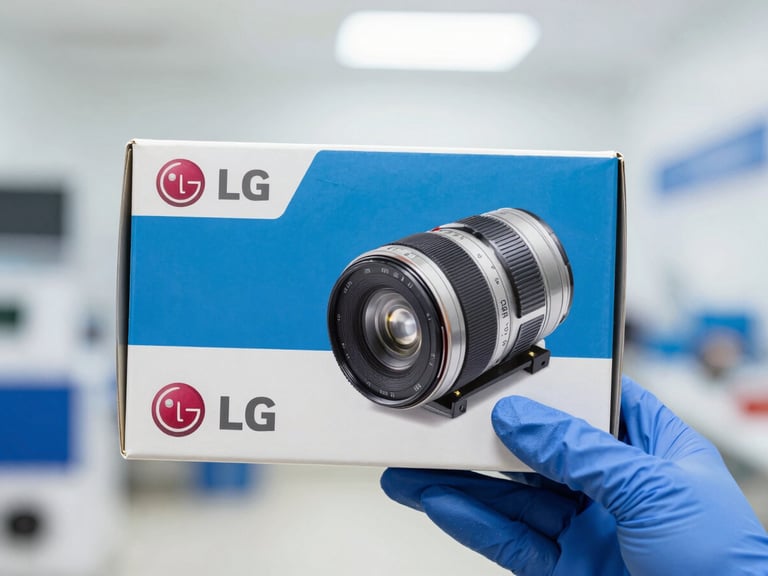 A genuine LG spare part in its original packaging, held by a technician's gloved hand, sharp focus, clean blue and white tones.