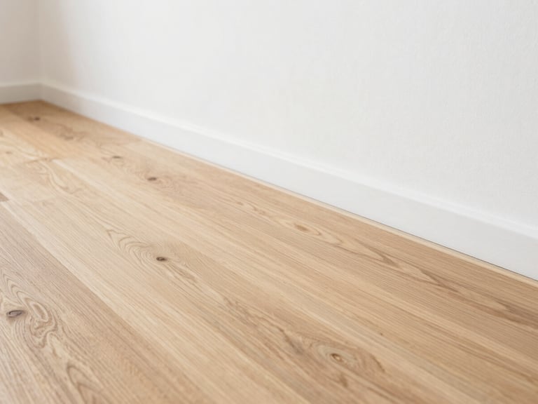 Close-up of newly installed wide oak floorboards meeting a minimalist white wall, bright natural daylight, clean lines, 35mm lens