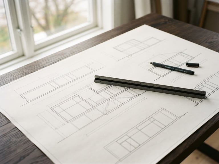 Minimalist architectural blueprint laid out on a dark oak desk, architectural ruler and fine-liner pen, soft natural daylight from a side window, high-contrast, 35mm lens
