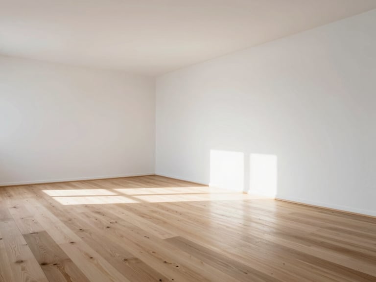 Interior architectural shot of a renovated Danish living room, wide oak plank flooring, minimalist white walls, natural daylight pouring in, clean Scandinavian design.