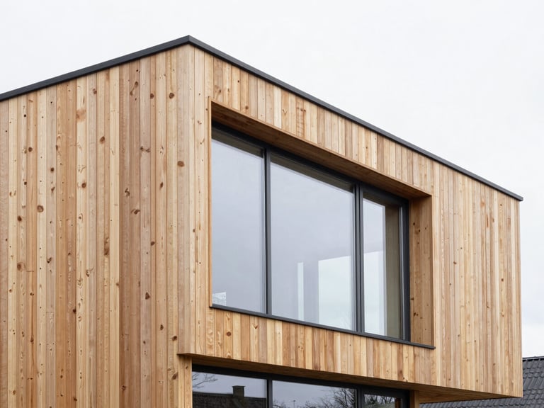 Architectural close-up of a newly completed modern wooden home extension, showcasing clean vertical oak slats, large glass panels, crisp daylight, Aarhus.
