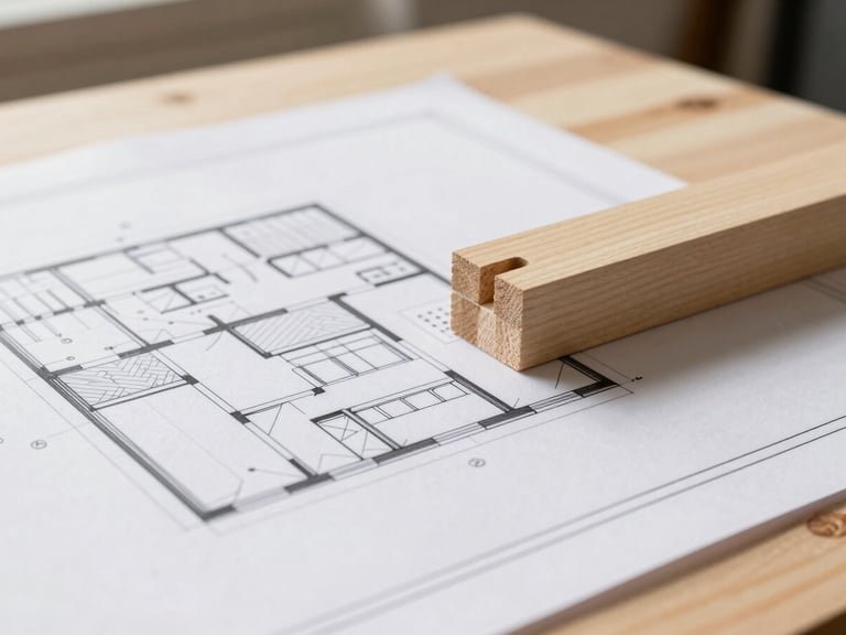 Close-up of clean architectural drawings on a wooden table next to a precise carpentry joint, soft natural light, professional construction planning.
