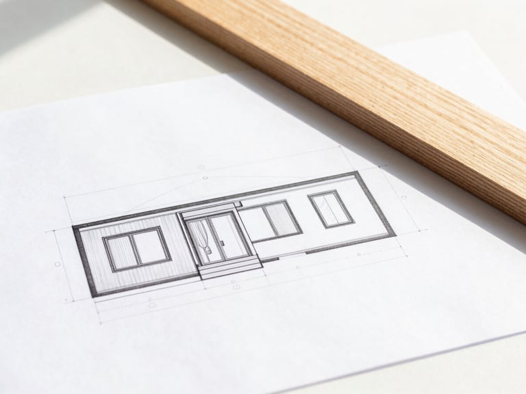 Architectural drawing of a modern house extension on a clean table, beside a piece of raw oak wood, bright natural daylight, technical precision, high-contrast