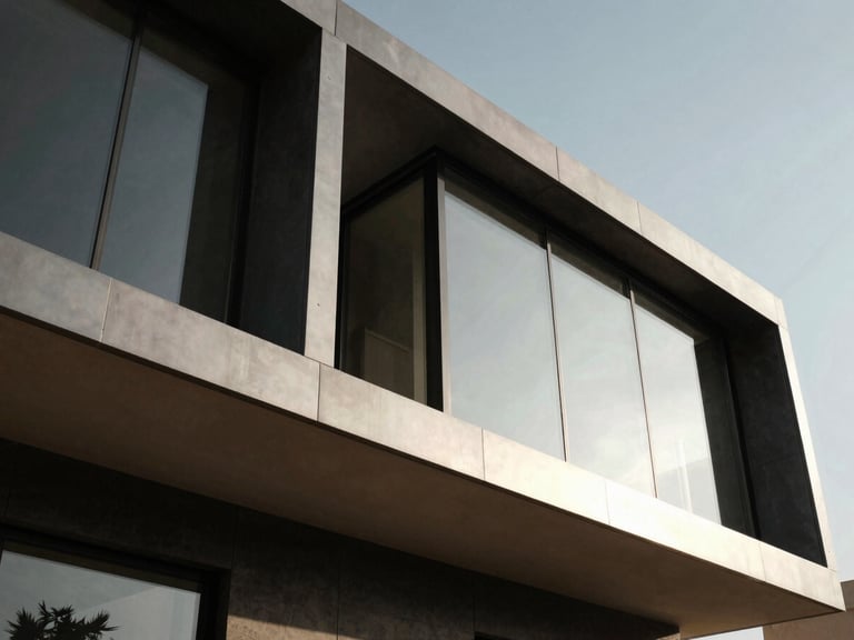 Low-angle architectural shot of a modern villa facade in Medina, sharp aluminum joints, structural curtain walls reflecting the harsh desert sunlight, deep charcoal and metallic tones, 35mm lens