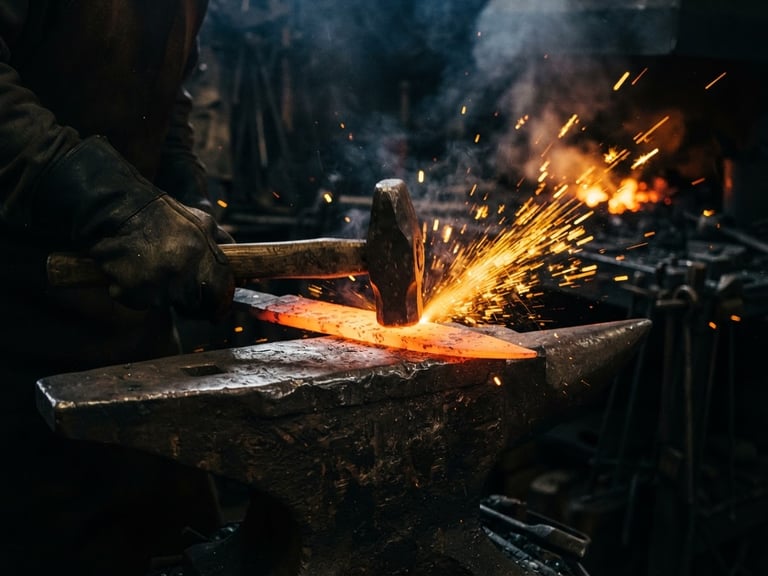 Close-up of a glowing orange steel blade on a dark anvil, sparks flying from a hammer strike in a smoky workshop, dramatic chiaroscuro lighting, 50mm lens.