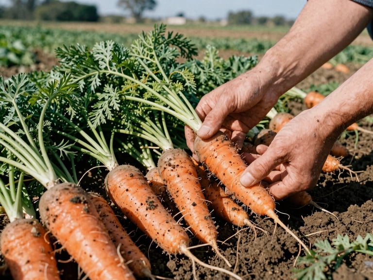 Close-up of hands inspecting freshly harvested, soil-dusted carrots in a field, bright natural sunlight, rich earth tones