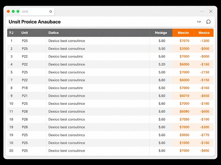 Straight-on technical UI mockup of a construction cost database table, showing unit price analysis, columns with codes, descriptions, and prices in Mexican pesos, clean slate gray and safety orange highlights, high contrast, crisp typography.