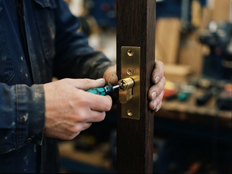 Macro shot of hands in dark blue uniform precisely installing a high-quality brass profile cylinder lock, shallow depth of field, warm gold lighting accents, professional tools visible, 35mm
