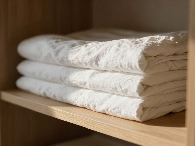 Close-up of crisp folded white linen sheets resting on a minimalist wooden shelf, soft shadows, warm morning daylight