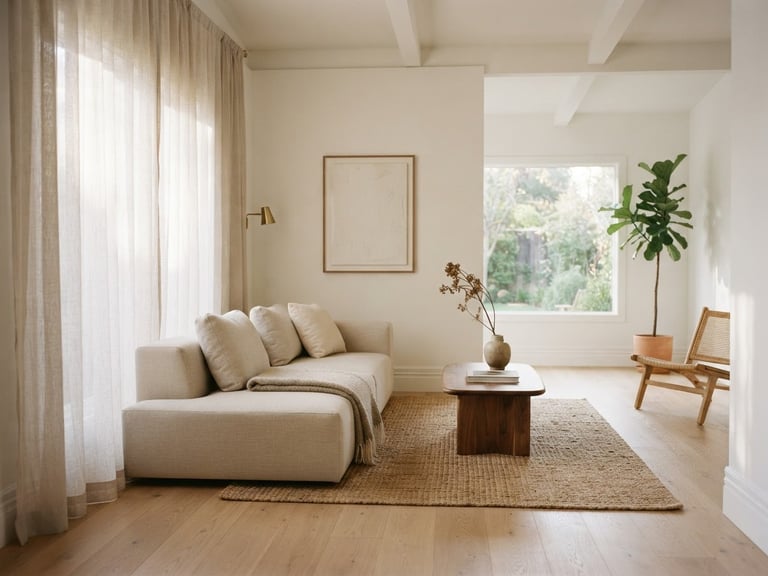 Soft morning sunlight illuminating a perfectly arranged minimalist living room with clean linen curtains and pristine wooden floors, architectural 35mm photography