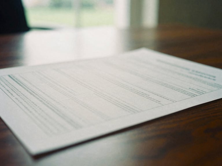 Macro close-up of a physical financial report resting on a dark oak boardroom table, soft natural overcast light through a window, 35mm film grain