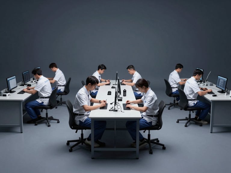 Wide, clean workshop environment with professional technicians in clean, branded attire assembling workstations, high contrast