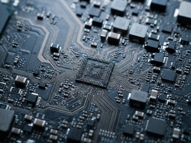 Extreme macro close-up of a high-end laptop motherboard under cool studio lighting, showing precise solder lines and microchips with subtle blue and grey undertones.