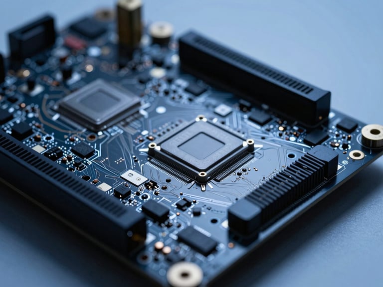 Macro shot of a high-end laptop motherboard under clean laboratory conditions, cool studio lighting, deep blue undertones, high contrast
