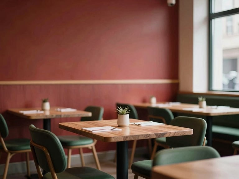 Warm editorial photography, soft Scandinavian daylight, rich crimson and forest green tones, shallow depth of field, 35mm. A cozy bistro interior, warm lighting, with a few tables already occupied and more empty, inviting atmosphere.