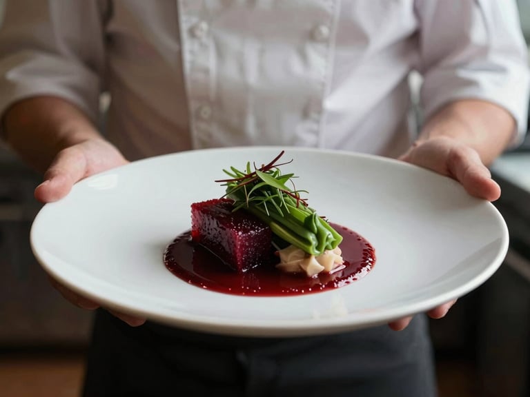 Warm editorial photography, soft Scandinavian daylight, rich crimson and forest green tones, shallow depth of field, 35mm. A chef presenting a beautifully plated seasonal dish, moody lighting, focus on the dish, blurred kitchen background.