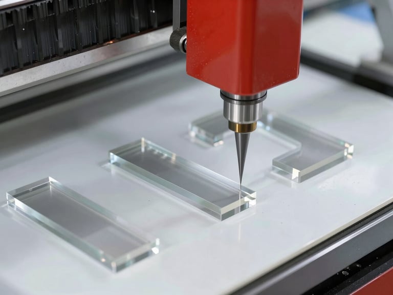 Macro detail shot of a CNC machine cutting a precise acrylic letter edge, bright industrial workshop lighting, sharp focus on materials