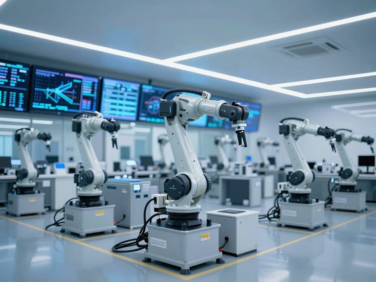 Clean, modern manufacturing floor with robotic arms, cool blue ambient lighting, data flowing across screens in the background, wide shot