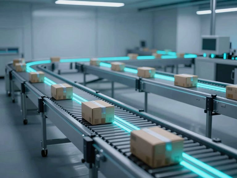 Automated warehouse with packages on conveyor belts, glowing cyan data lines overlaid, cool studio lighting, wide shot