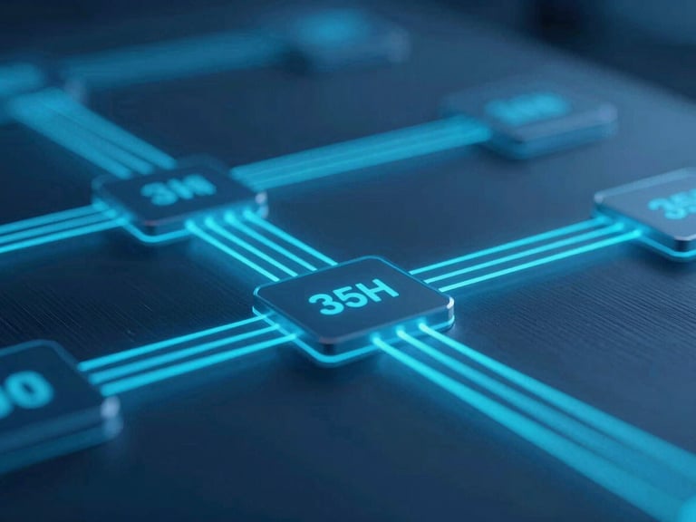 Close-up of data flowing between abstract business process blocks, glowing cyan lines, cool blue ambient lighting, sharp focus, 35mm