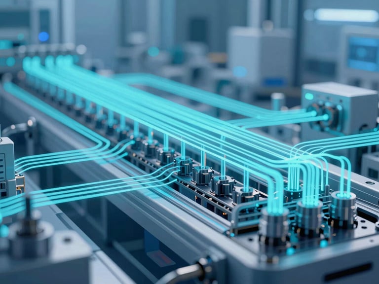 Abstract technical illustration of data flow in a manufacturing plant, with subtle glowing cyan lines, cool blue ambient lighting, sharp focus, 35mm