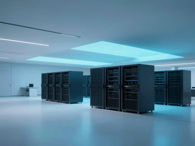 Modern, minimalist office space with abstract architectural lines, cool blue and cyan backlighting, server racks in a blurred background, wide shot