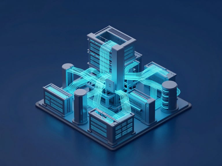 Isometric diagram of a stable, interconnected network infrastructure, glowing cyan lines, cool blue ambient lighting, sharp focus, 35mm